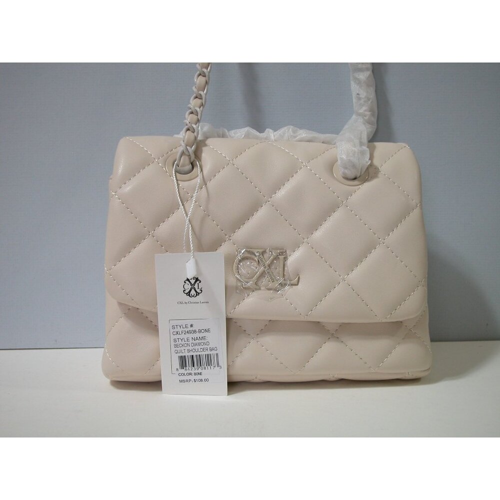 CXXL Beige Quilted Faux Leather Small Shoulder Bag With Chain Strap & Logo Accen